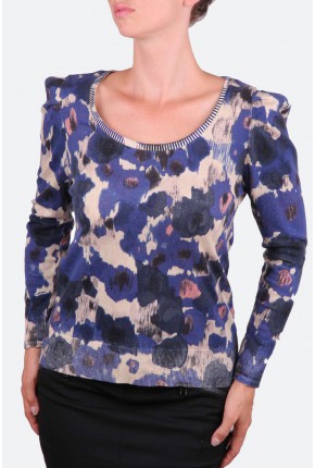 Блуза из хлопка с обработкой под "велюр" с рисунком "цветы"
