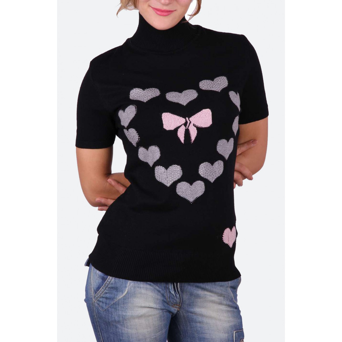 Гольф вискозный с принтом "сердца и бант" и стразами Swarovski