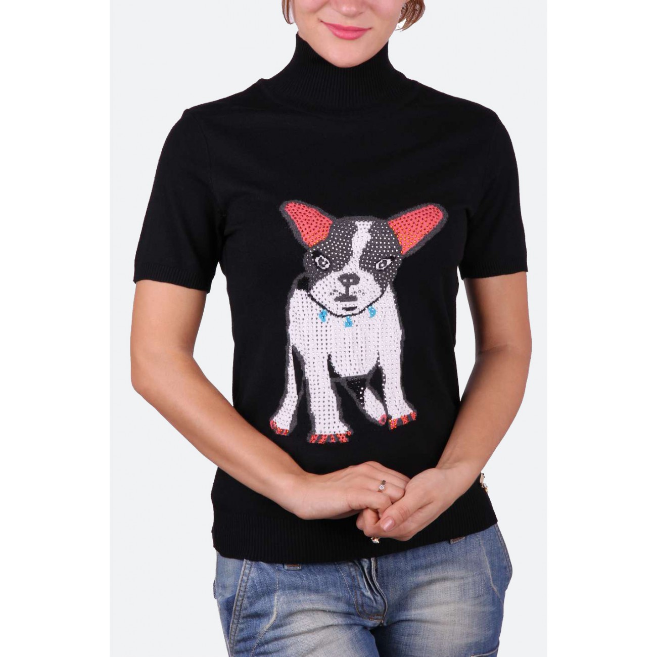 Гольф вискозный с принтом "собака" украшенный стразами Swarovski