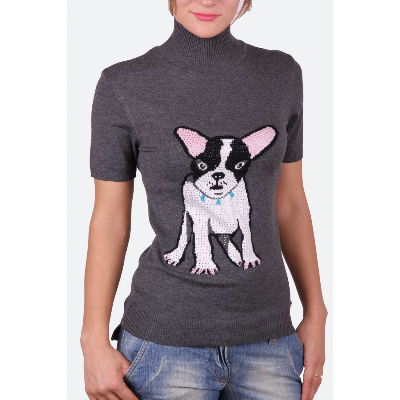 Гольф вискозный с принтом "собака" украшенный стразами Swarovski