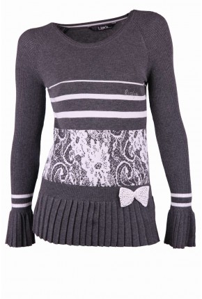 Пуловер c гафрированным рукавом и баской. с узором "цветы"